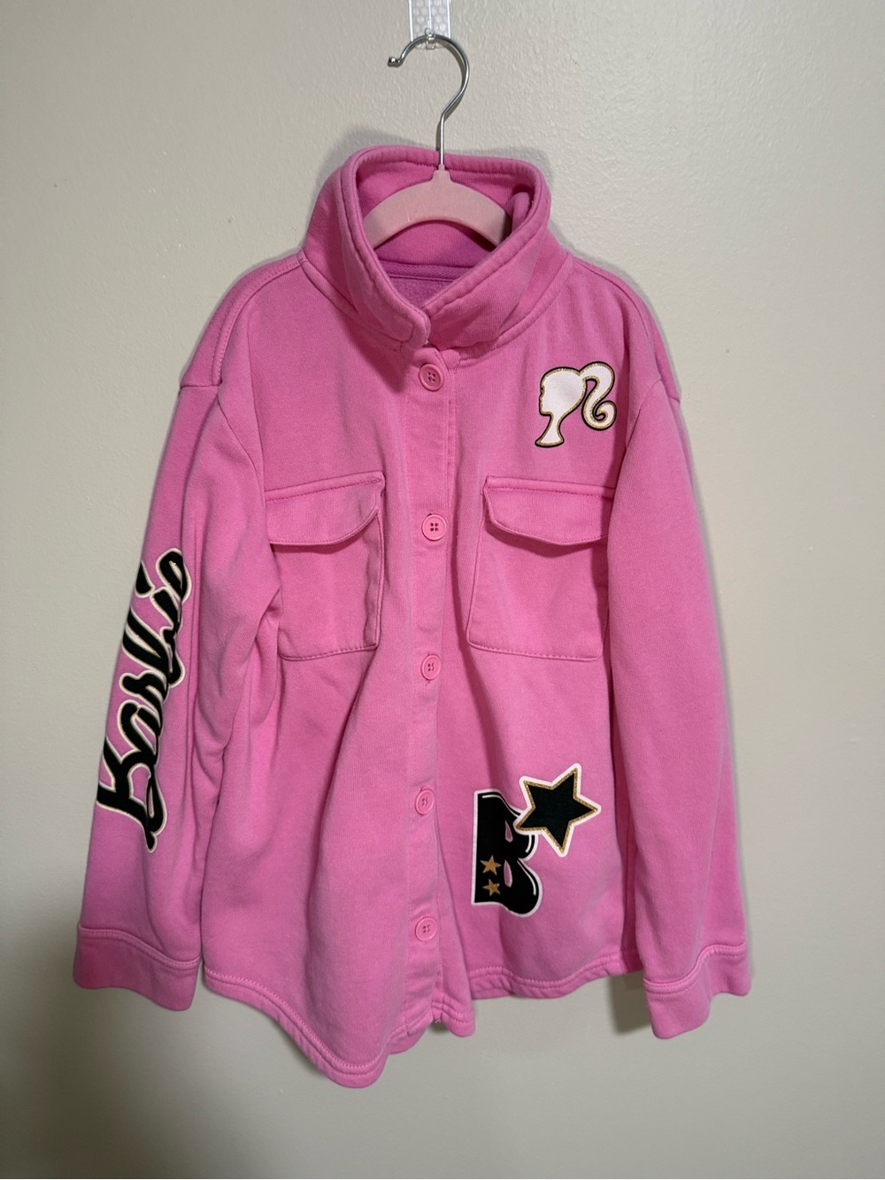 Barbie Pink Fleece Button-Up Shacket Jacket with Patch Details